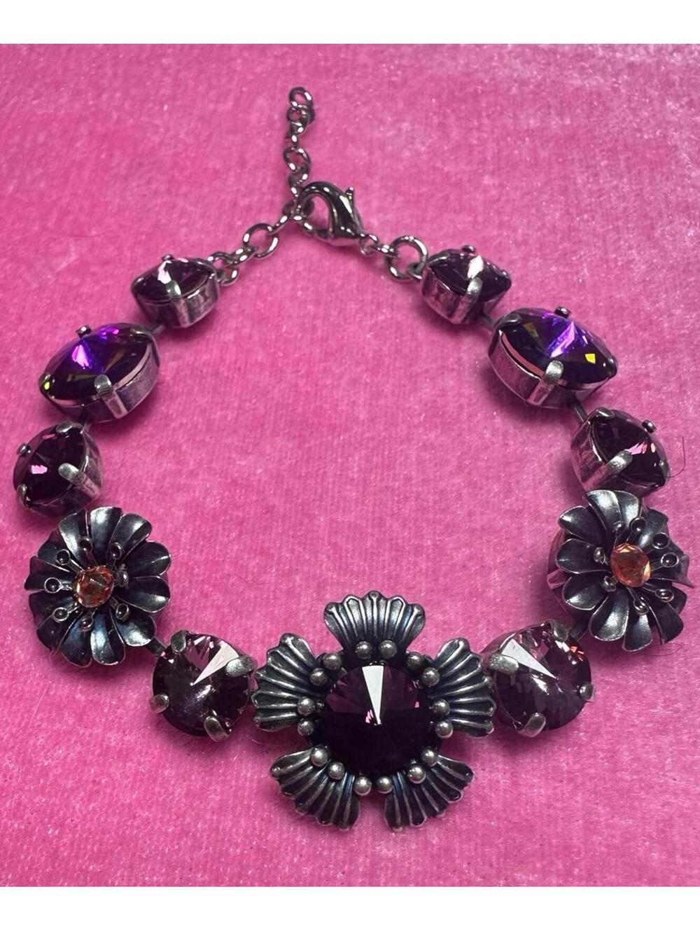 Artisan crafted Authentic Violet Swarovski Crystals Flower Bracelet Ant. Silver
